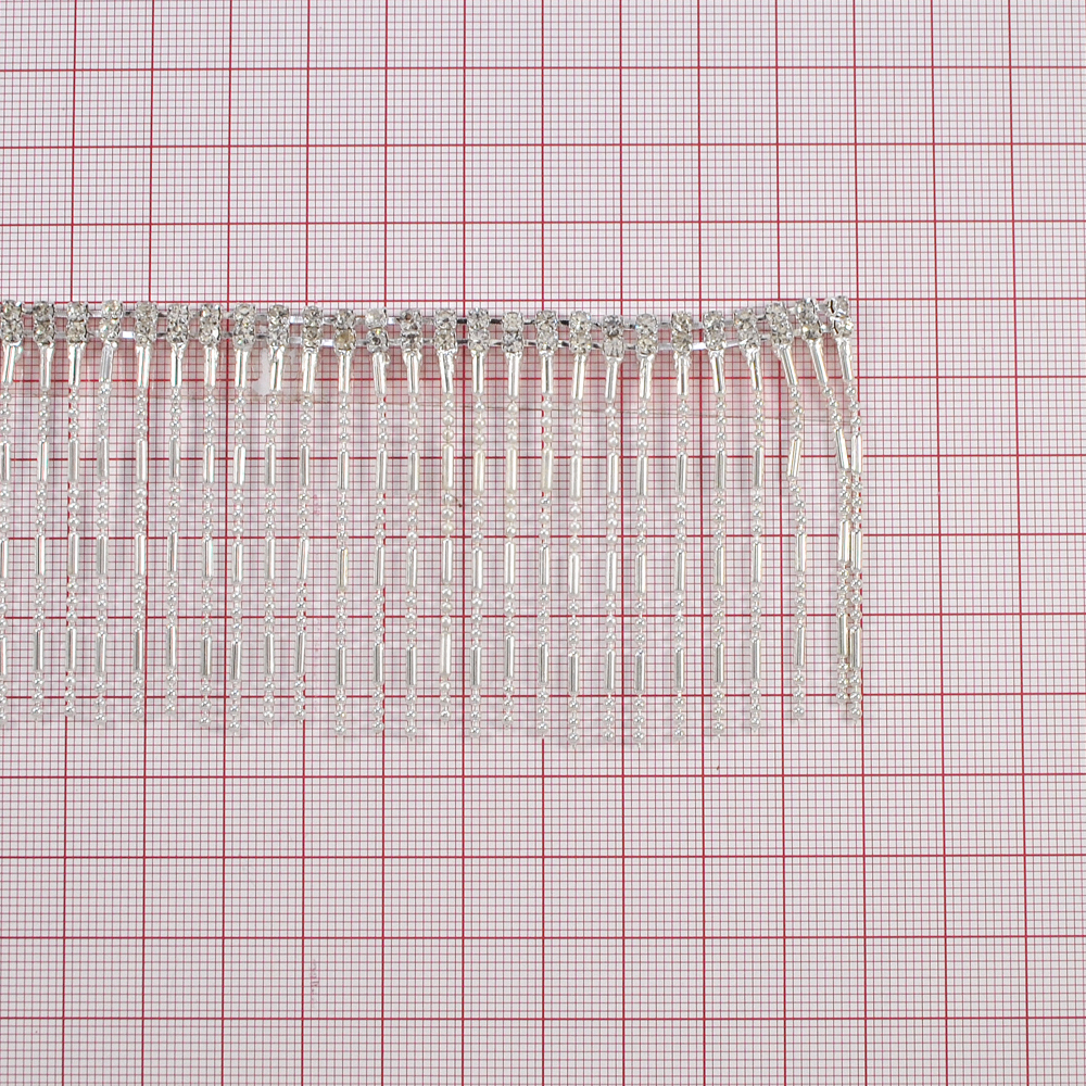 Тесьма стразы с подвесками Бахрома, 5,2см, никель, белый, ярд. Тесьма из страз