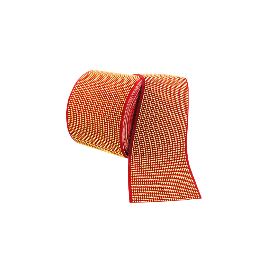 Тесьма клеевая вельвет Красная, GOLD стразы металл Купол, ярд. Тесьма