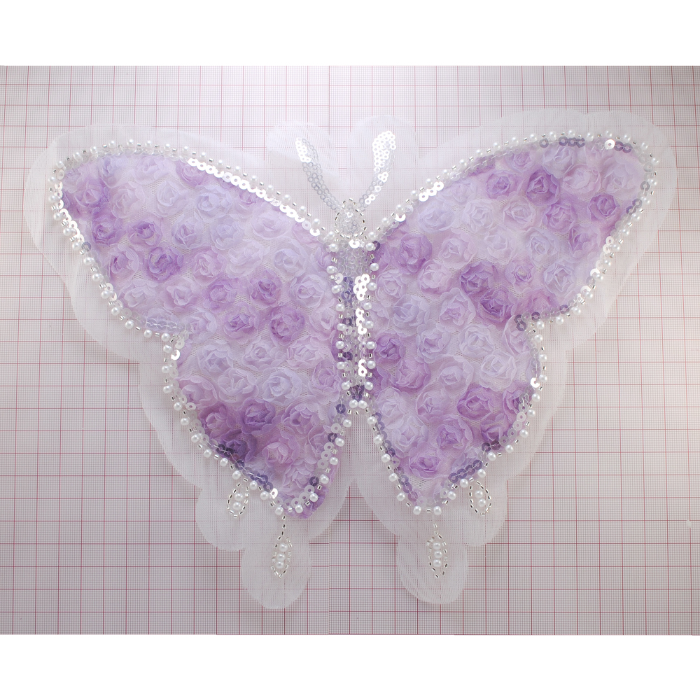 Аппликация круж. приш. Бабочка из роз, 28*20,5см, фиолет., сер., жемчуг, пайетки, шт. Аппликации Пришивные Кружевные Вязаные