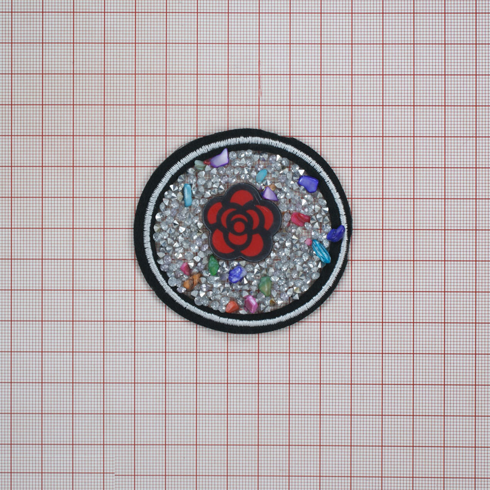 Аппликация клеевая стразы Роза в камнях 7*7см черный, белый, белые и цветные камни, шт. Аппликации клеевые Стразы комб.