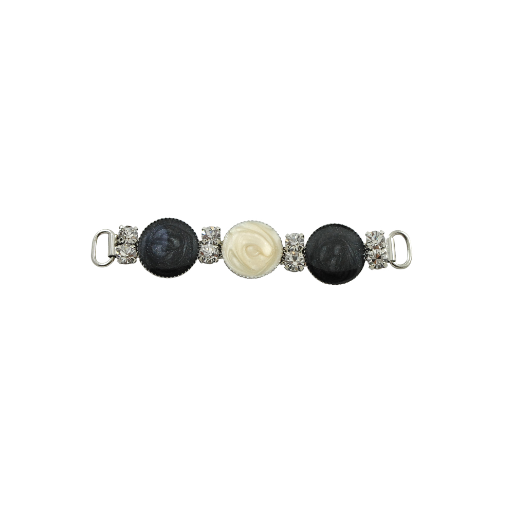 Укр.стекл. HW-2477 перетяж. на цепи 8,4*1,5см GOLD, 3 крупн.кругл.камня-черн., бел. перламутр. Перетяжка металл со стразами