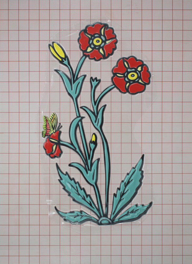 Термоаппликация резиновая Цветы Голубь Бабочка 11,5*20см красно-зелено-желтый и белый фон, шт. Термопереводки Цветы, Птицы