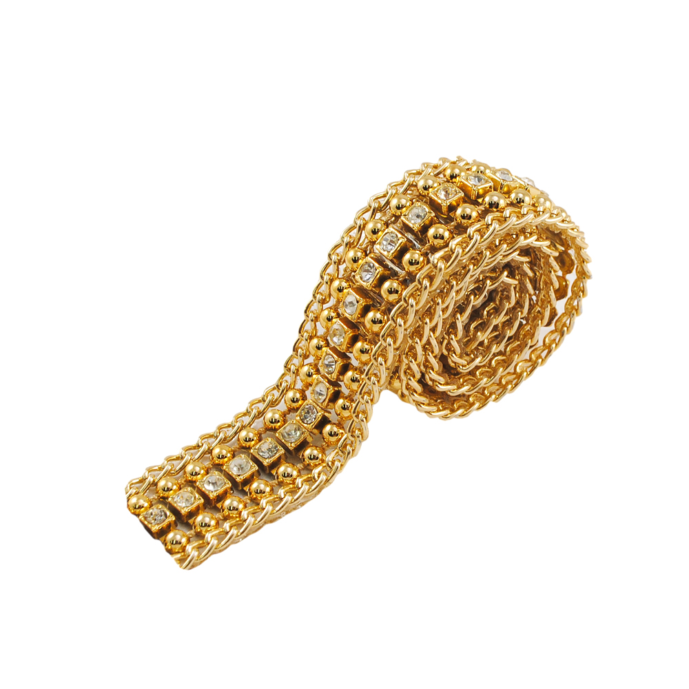 Тесьма стразы клеевые Дорожка1 20мм цепь GOLD, белые камни 3мм, ярд. Тесьма из страз