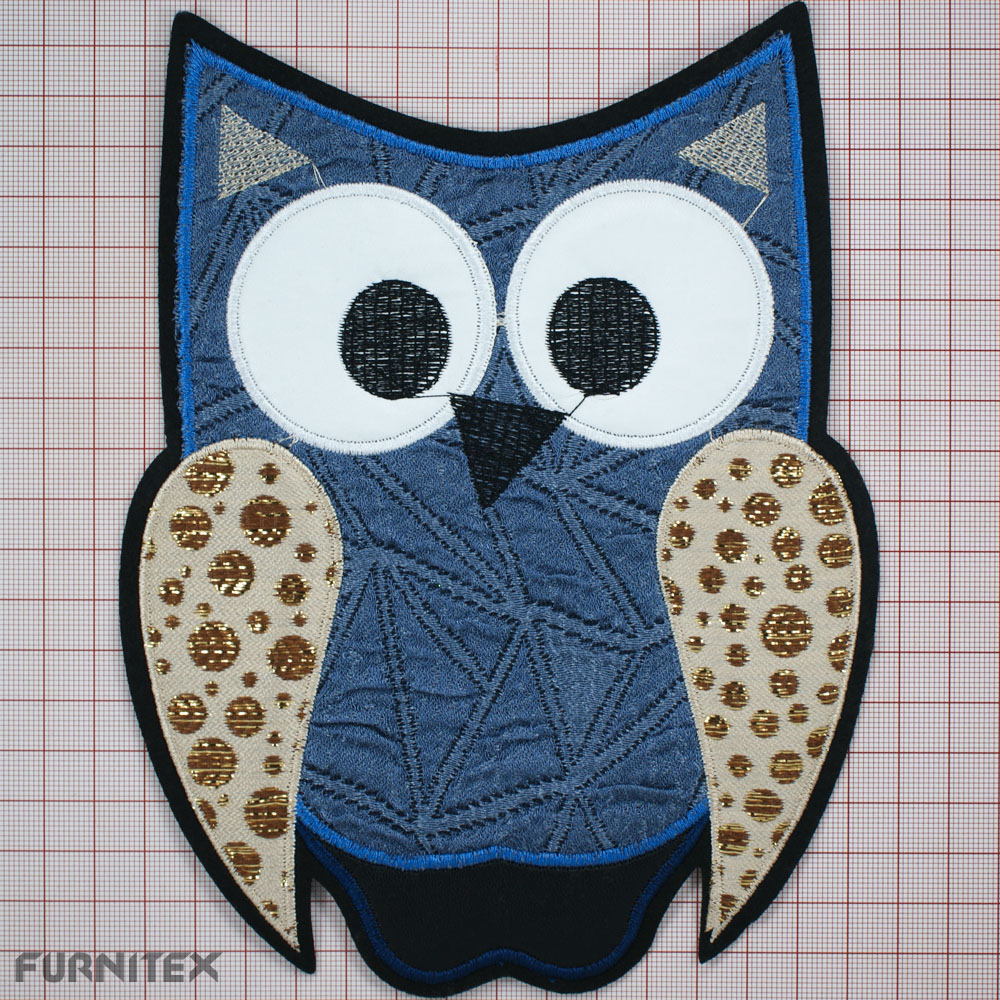 Нашивка тканевая Сова 20*15см синий, белый, черный, серый, бежевый, золото, шт. Нашивка Вышивка, Ткань