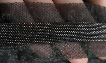 Тесьма на сетке с металлическими шариками (14 рядов), черная основа, блек никель, ярд. Тесьма