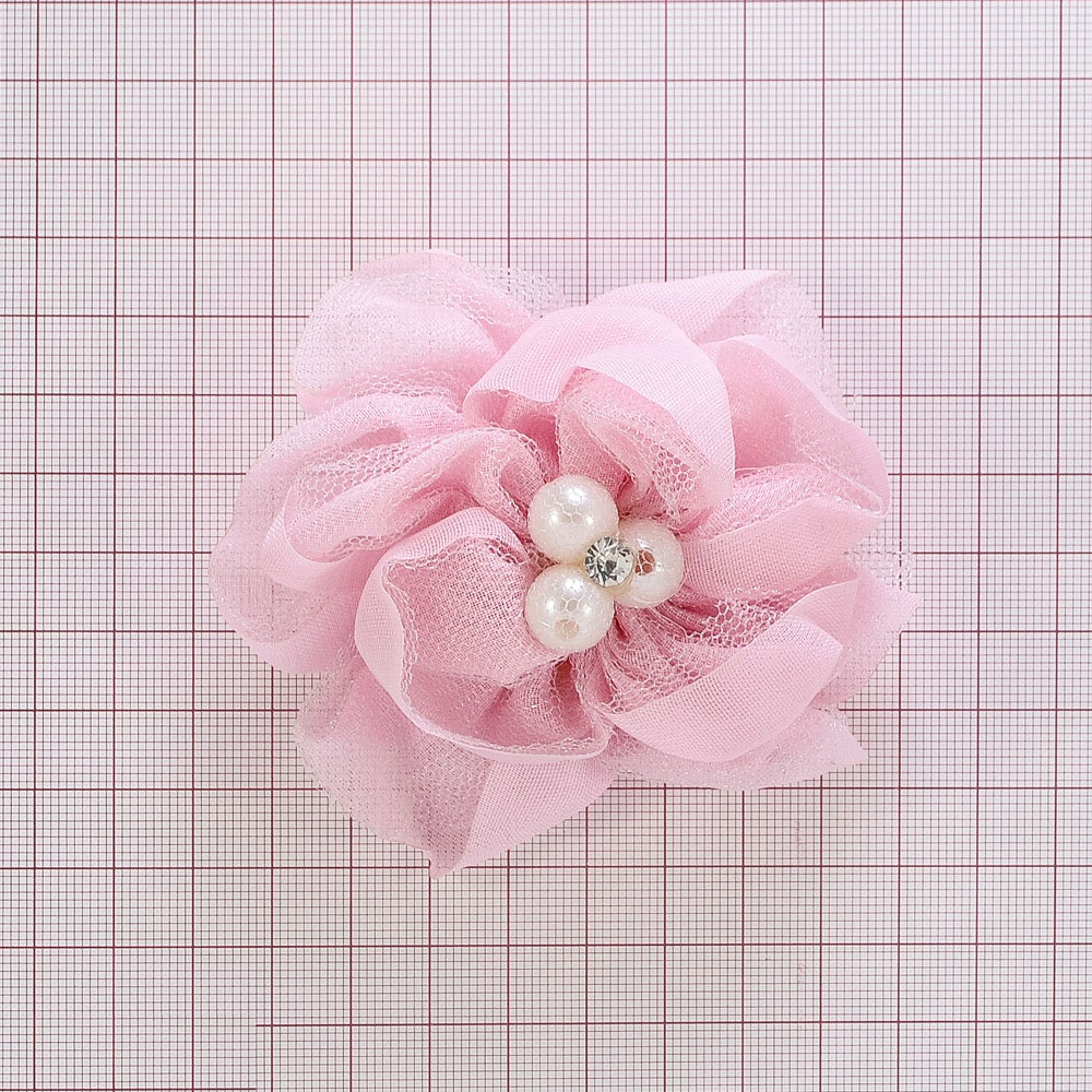 Аппликация декор № 34 цветок шифон розовый, 3 клубка, 1 камень. Аппликация Декор