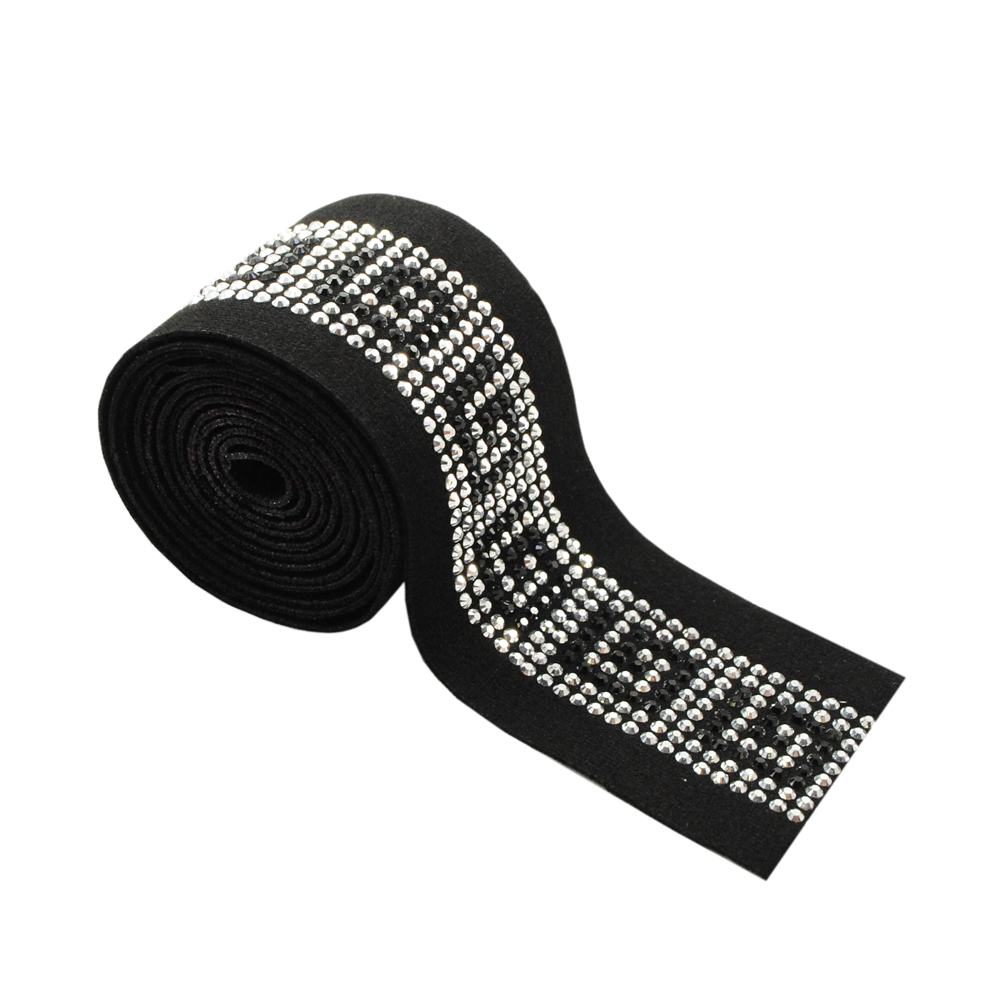 Резинка со стразми Орнамент,  4см, черная тесьма, белые и черные стразы, ярд. Резинка
