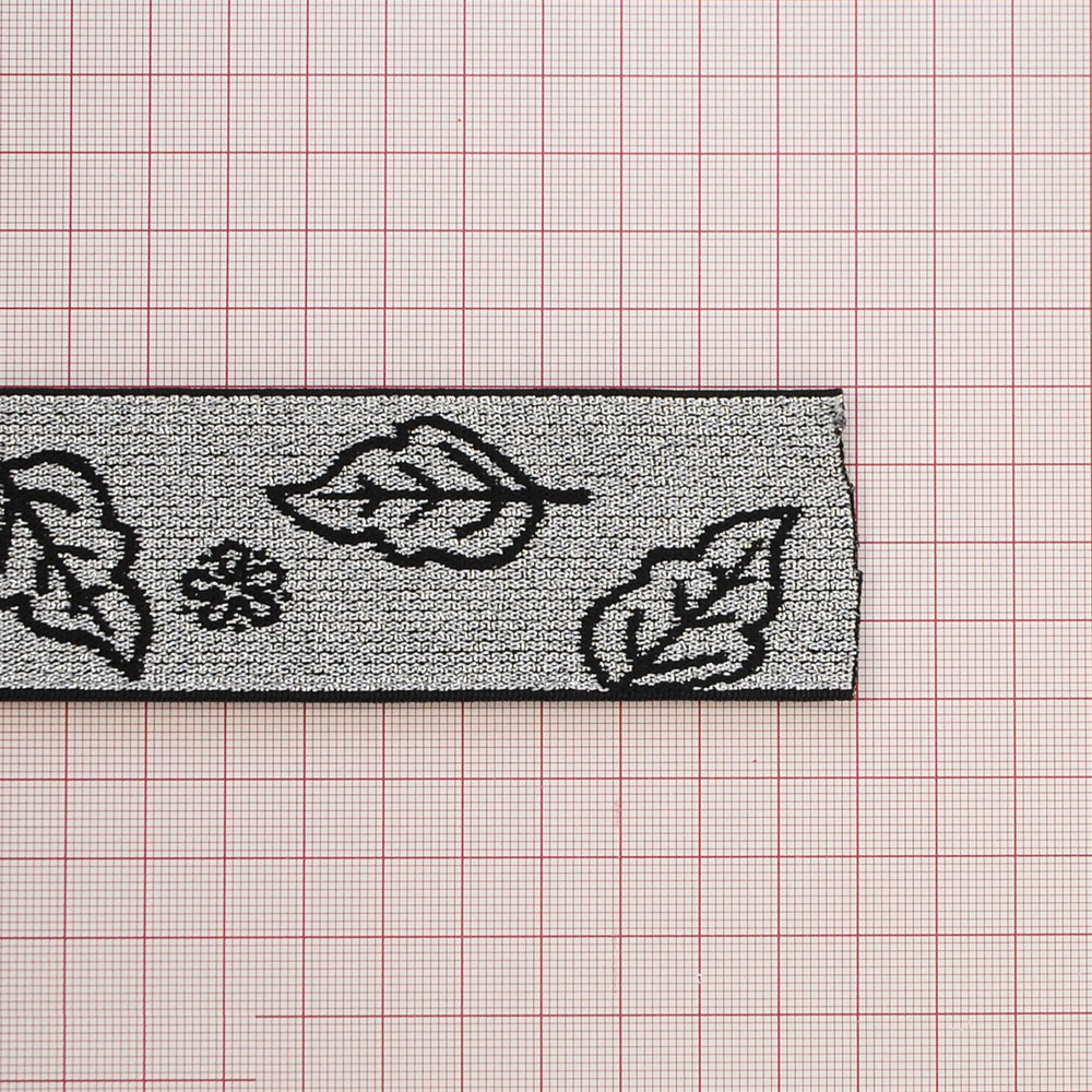 Резинка люрекс Лист 4см, черный, серебряный люрекс, 50ярд. Резинка