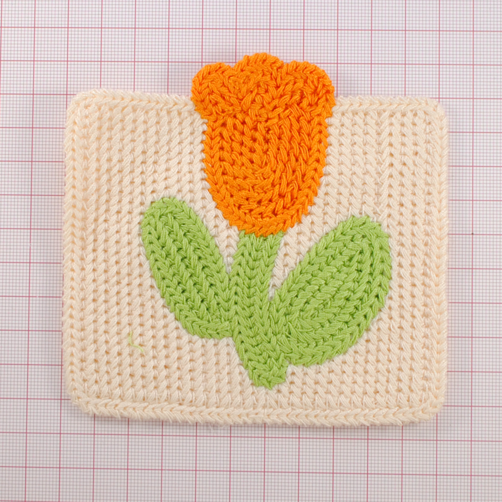 Аппликация тк. приш. дет. карман вязаный, тюльпан, 10,5*10,5см, кремовый, зелен., оранж., шт. Аппликации Пришивные Кружевные Вязаные