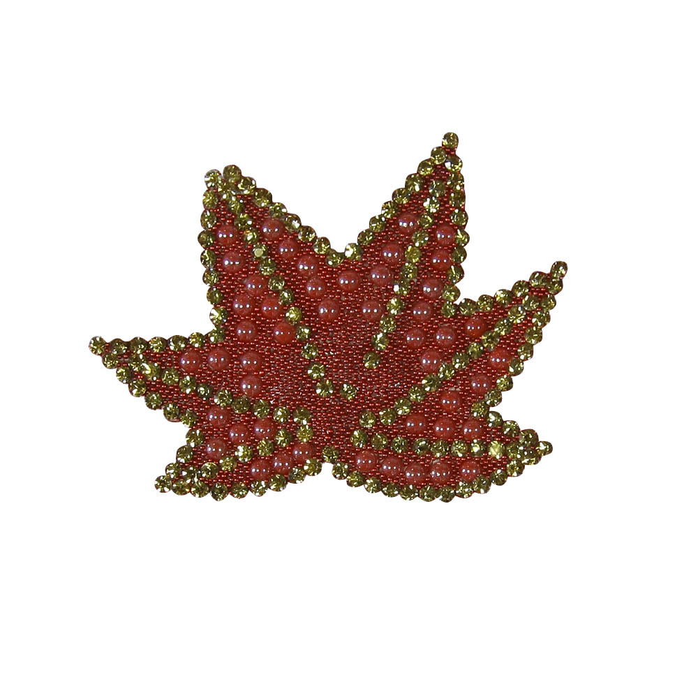 Аппликация клеевая стразы Клен 63*50мм красный, оранжевый жемчуг 2,2мм, топаз 2мм, шт. Аппликации клеевые Стразы комб.