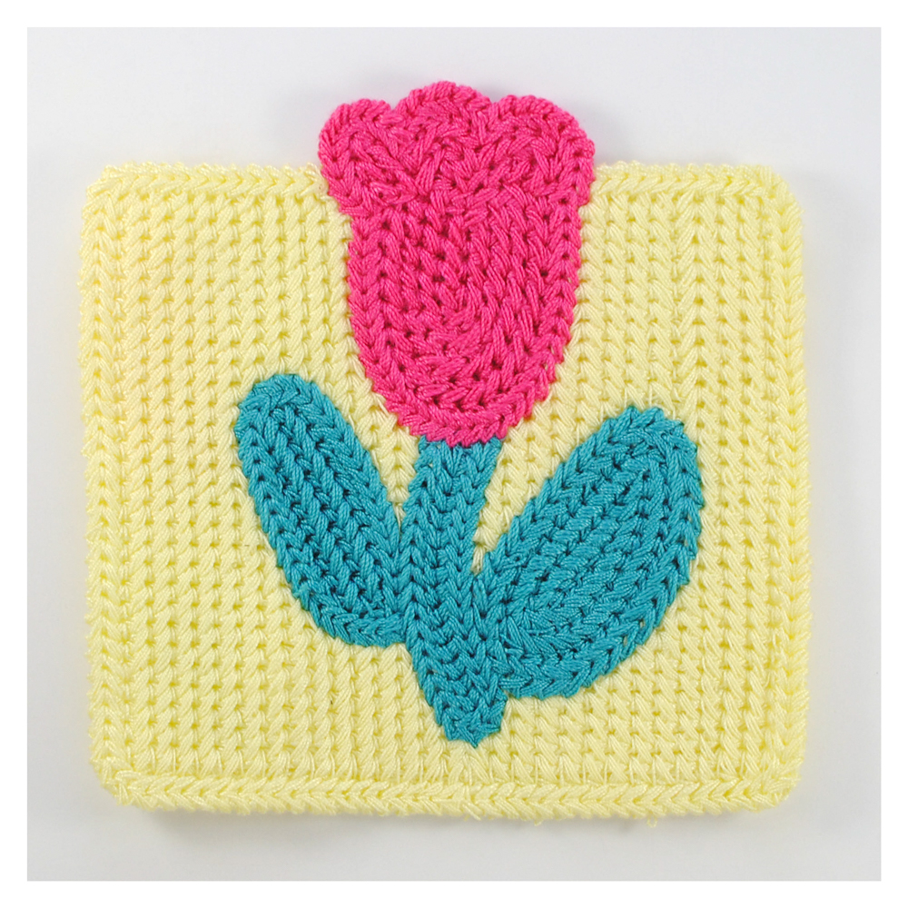 Аппликация тк. приш. дет. карман вязаный, тюльпан, 10,5*10,5см, желт, роз., бирюз., шт. Аппликации Пришивные Кружевные Вязаные