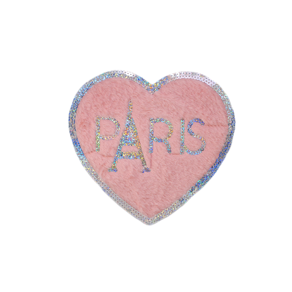 Аппликация пришивная пайетки и мех PARIS в сердце, 19,5*20,3см, розовый, голографические пайетки, шт. Аппликации Пришивные Шерсть, Кружево