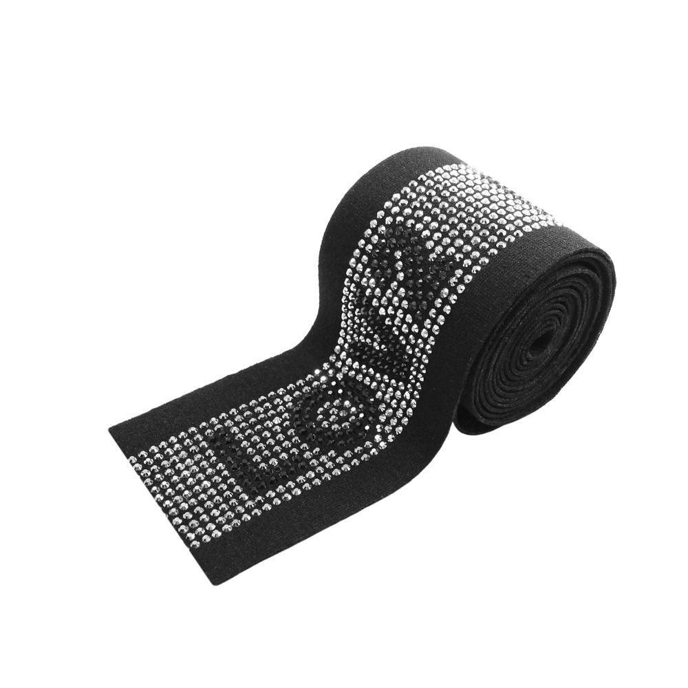 Резинка со стразми LOV2,  5см, черная тесьма, белые и черные стразы, ярд. Резинка