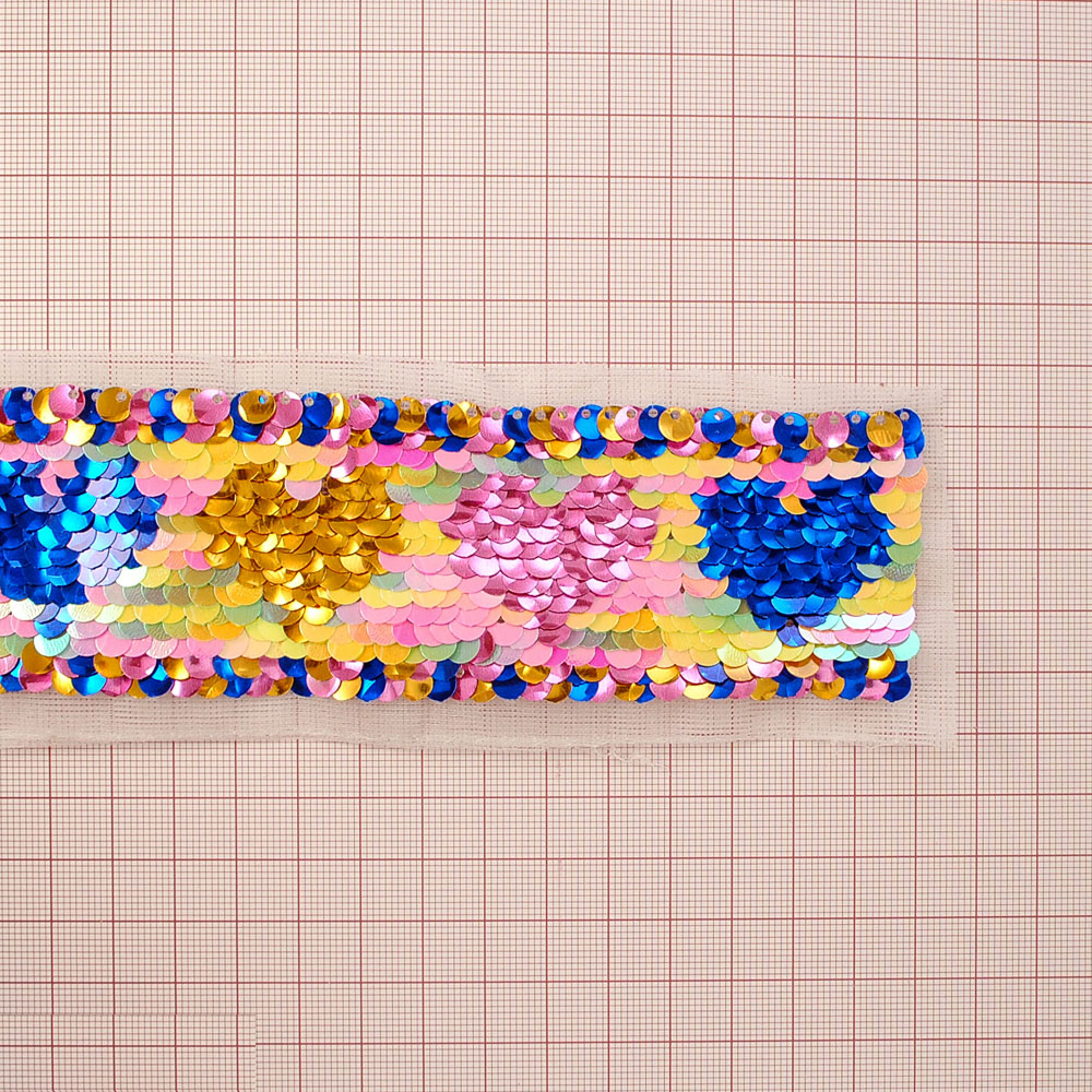 Тесьма пайетки двусторонняя Сердца 5см розовый, синий, золотой, 10я. Тесьма