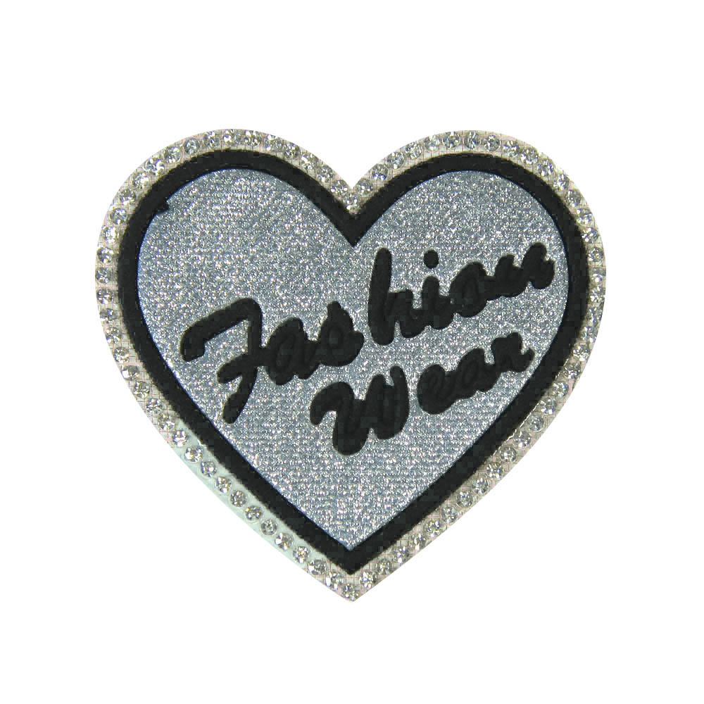 Аппликация клеевая глиттер стразы Сердце Fashion 6*5,5см серебро, черный, белые камни, шт. Аппликации клеевые Глиттер
