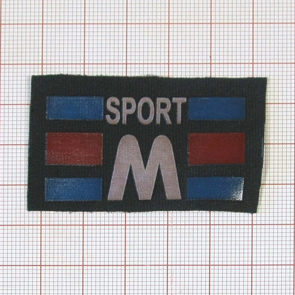 Нашивка тканевая накатанная SPORT M 3,5*5,5см черная, бело-сине-красный рисунок, шт. Нашивка Вышивка, Ткань