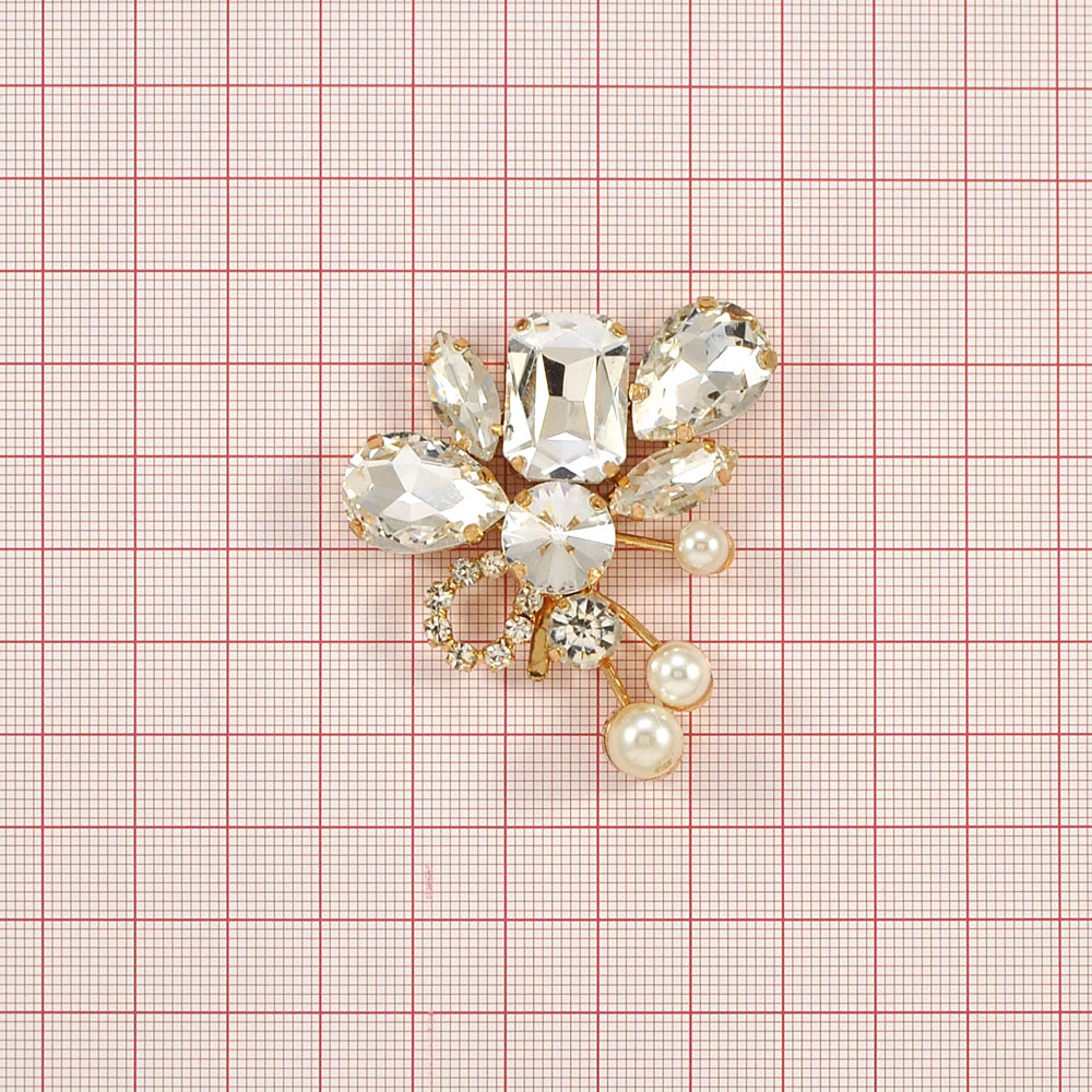 Краб металл Волынка Правая 5*6см GOLD, белые камни, белый жемчуг. Крабы Металл Геометрия Декор