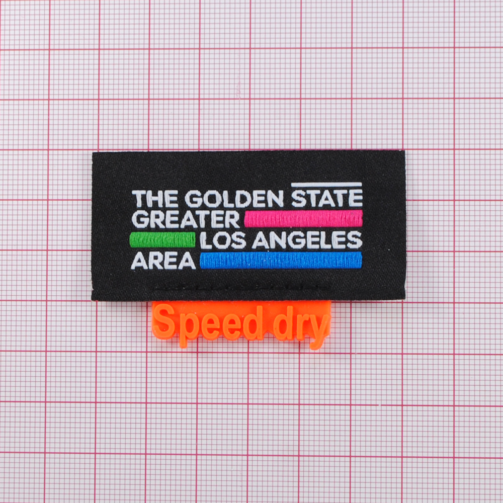 Лейба ткань The golden state, 6*4см, чёрн., фон, оранж., рез. флажок, бел. надпись, роз.,зел.син. шт. Лейба Ткань