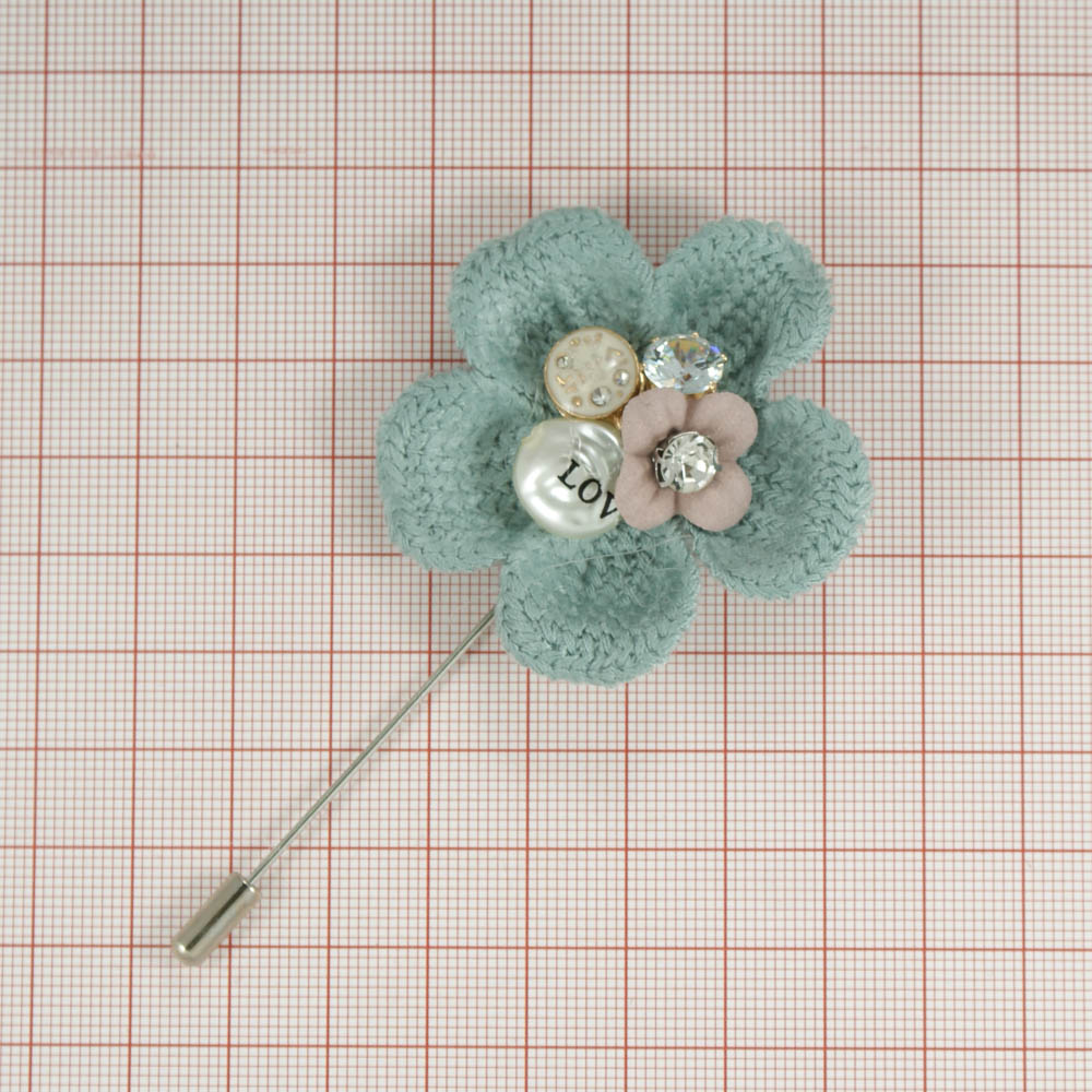 Булавка Вязаный цветок 5 GOLD, зеленый, белые камни, шт . Булавки