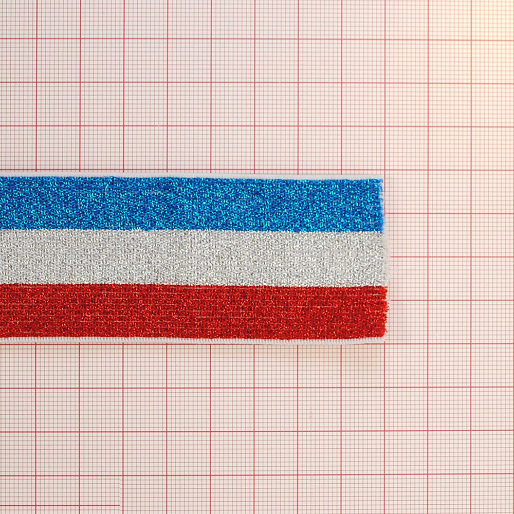 Резинка люрекс Полосы 4см, белый, красный, серебряный и голубой люрекс, 50ярд. Резинка