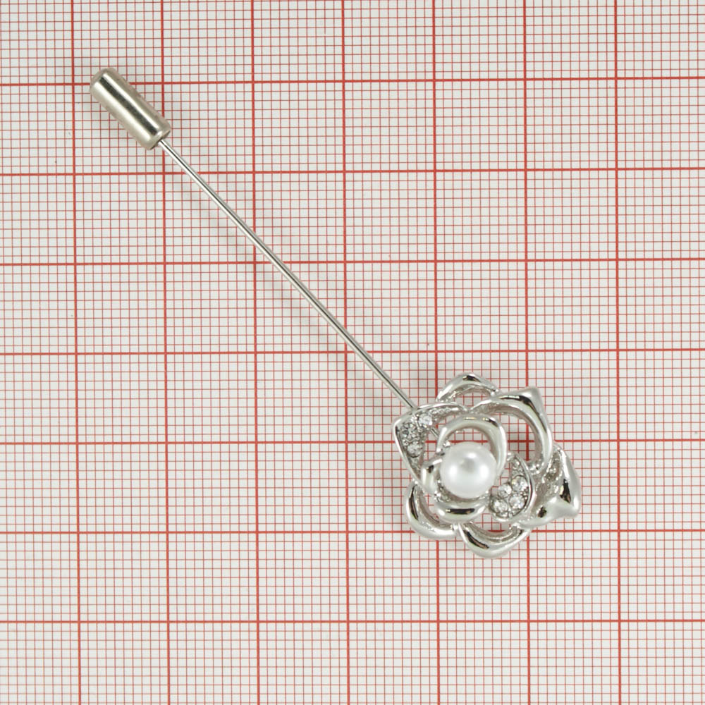 Булавка Роза NIKEL, белый жемчуг, белые камни, шт . Булавки