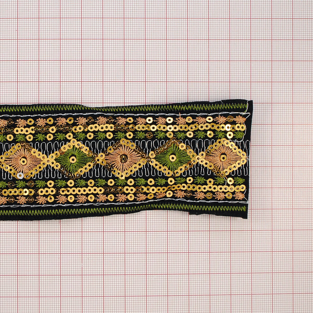 Тесьма Орнамент 4см, черный, золотые пайетки, зеленая и золотая вышивка, серебряный люрекс, 20ярд. Тесьма
