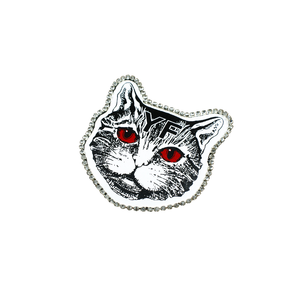 Аппликация клеевая стразы Кот 7*8см белый, черный, красные глаза, белые камни, шт. Аппликации клеевые Стразы комб.