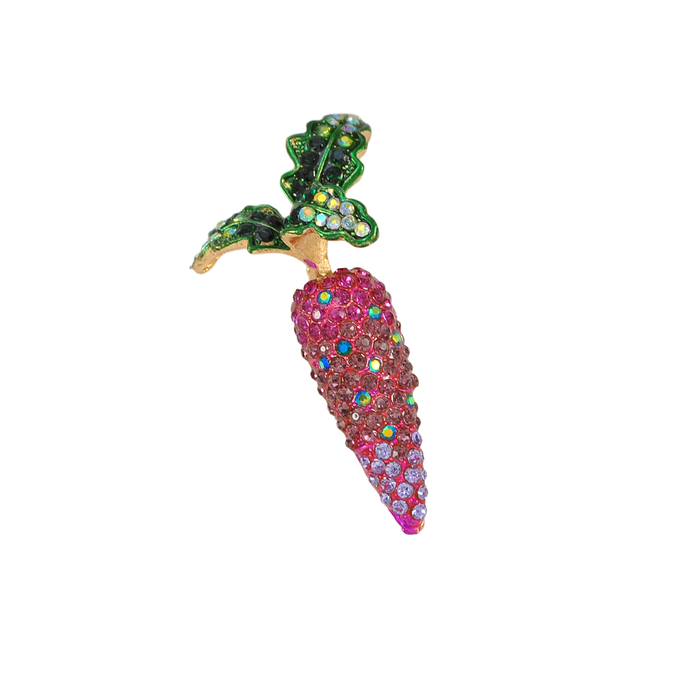 Брошь Морковь золото, зеленая эмаль, сиреневый и зеленый камни. Броши