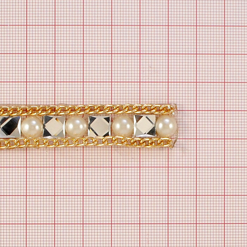 Тесьма стразы клеевые Ch01, белые квадратные камни 8мм, жемчуг, цепи GOLD, ярд. Тесьма из страз