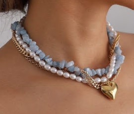 Ожерелье Сердце, 41*8см, золото, белый, голубой, бусины, камни, шт. Украшения