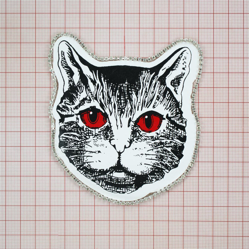 Аппликация клеевая стразы Кот 10*11,5см белый, черный, красные глаза, белые камни, шт. Аппликации клеевые Стразы комб.