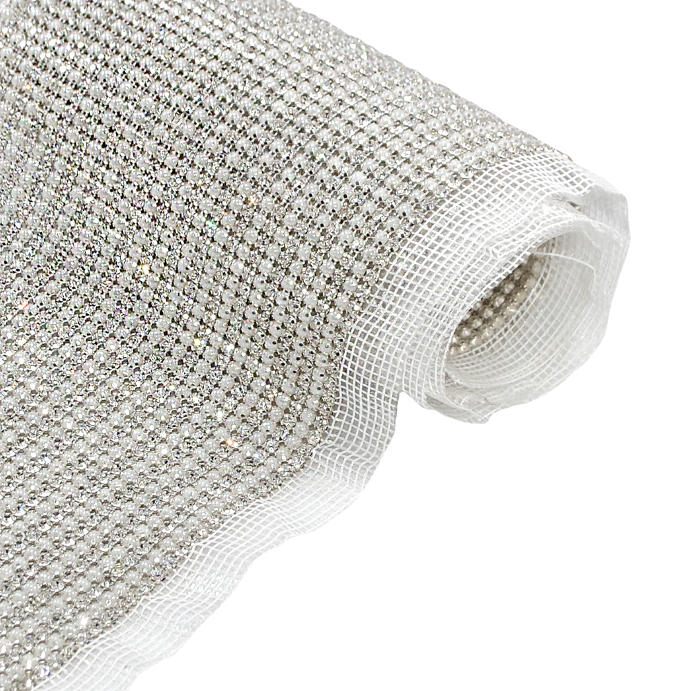 Тесьма стразы клеевые сетка 18мм nikel, белый жемчуг, белые камни, ярд. Тесьма из страз