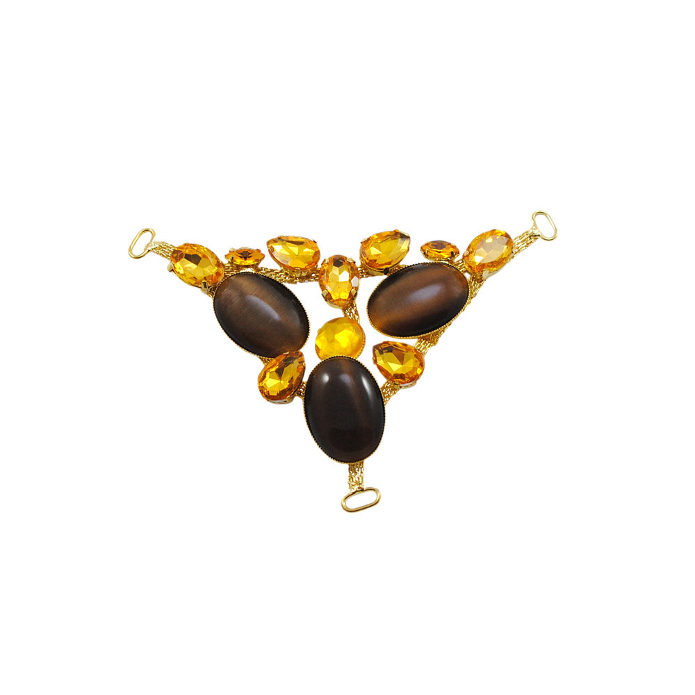 Украшение стеклянное 9287 перетяжка 3 угла, GOLD, крупные янтарные камни. Перетяжка металл со стразами
