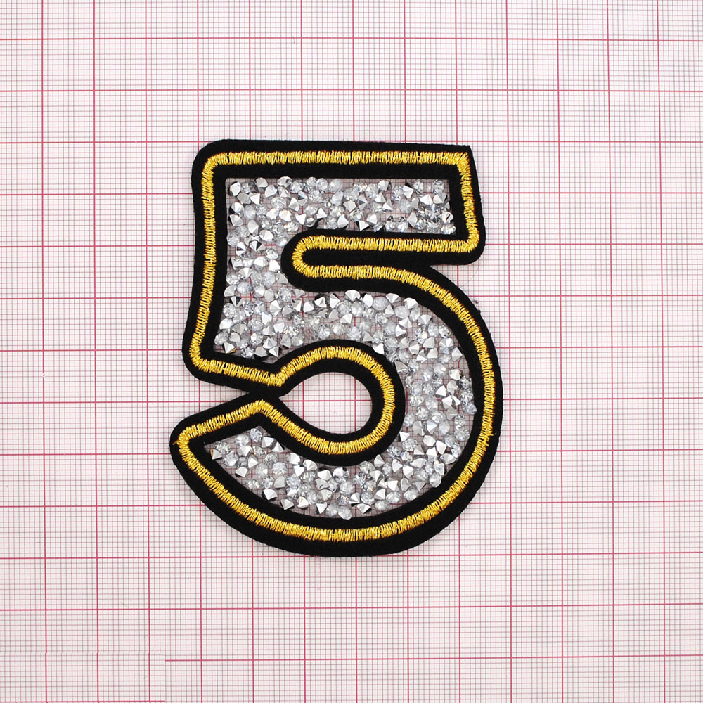 Аппликация клеевая стразы Цифра 5 - 8*6,5см черный, желтый, камни белые, шт. Аппликации клеевые Стразы комб.