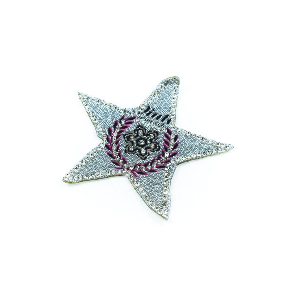 Аппликация клеевая стразы и стеклянная крошка Звезда со снежинкой 8*8см черный, бордовый и белые камни, шт. Аппликации клеевые Стразы комб.