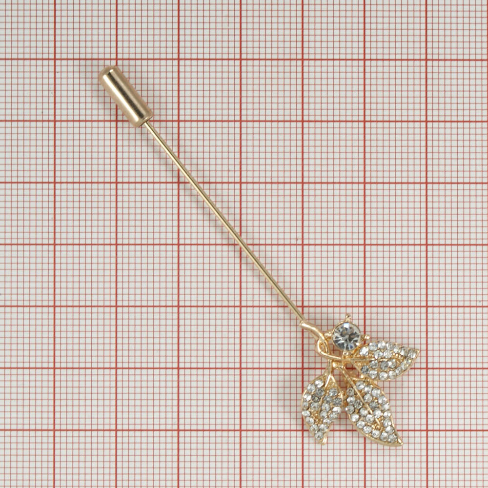 Булавка Ветка с листочками, GOLD, белые камни, шт . Булавки