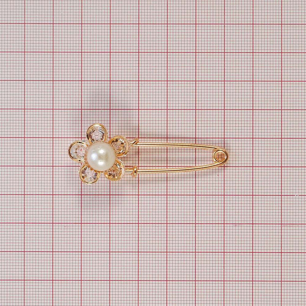 Булавка металлическая с камнями Цветок с жемчуг, 2,2*6,5см, золото, белый, шт. Булавки