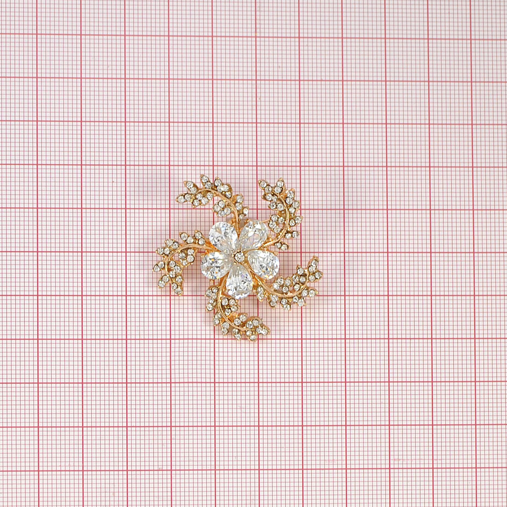 Брошь 23 Цветок-завиток 37*40мм, GOLD, белые камни, шт. Броши