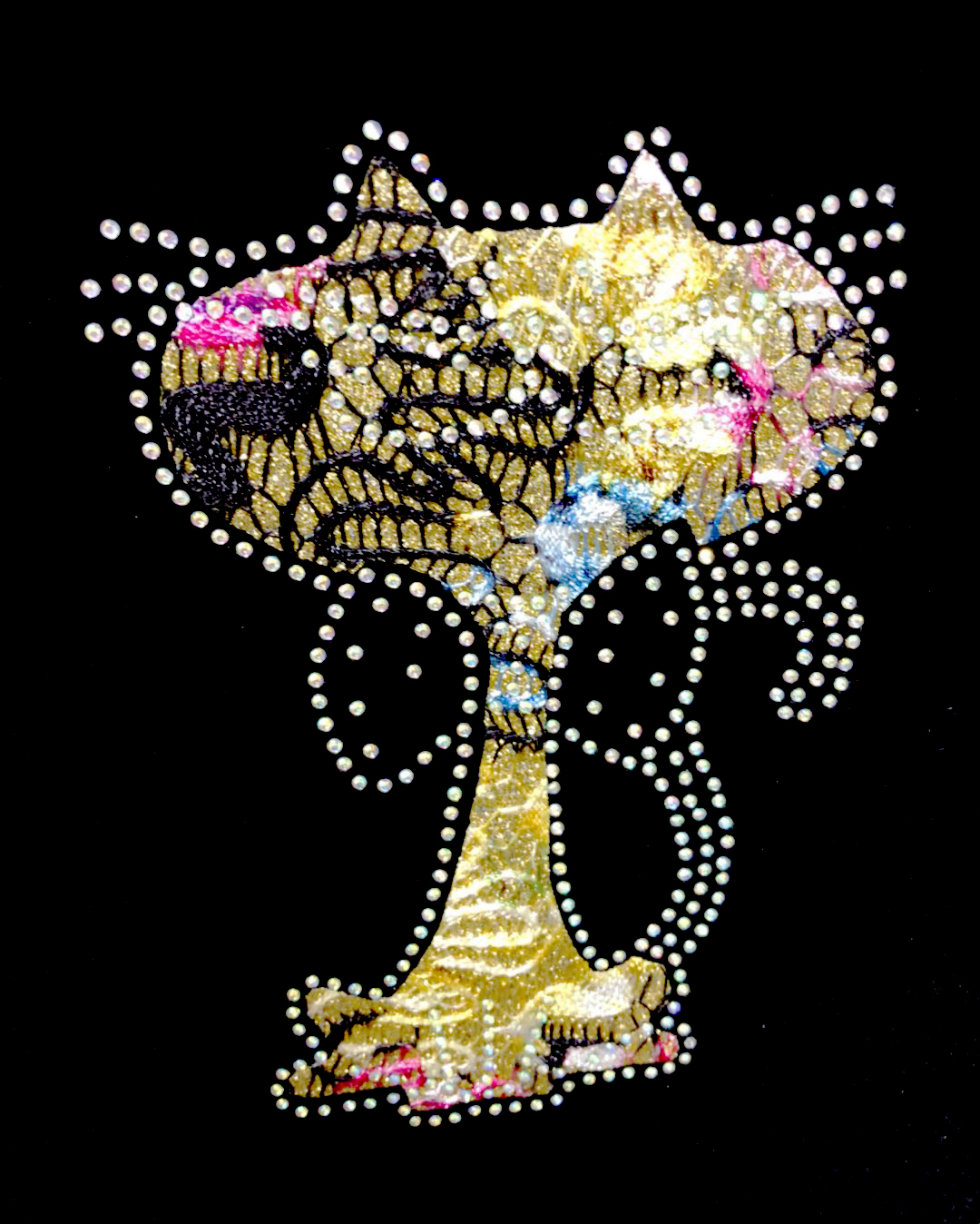 Термоаппликация тканевая принт Кот-абстракция со стразами, 14*6,5см, белый, золотой, голубой, розовый, шт. Аппликации клеевые Тканевые