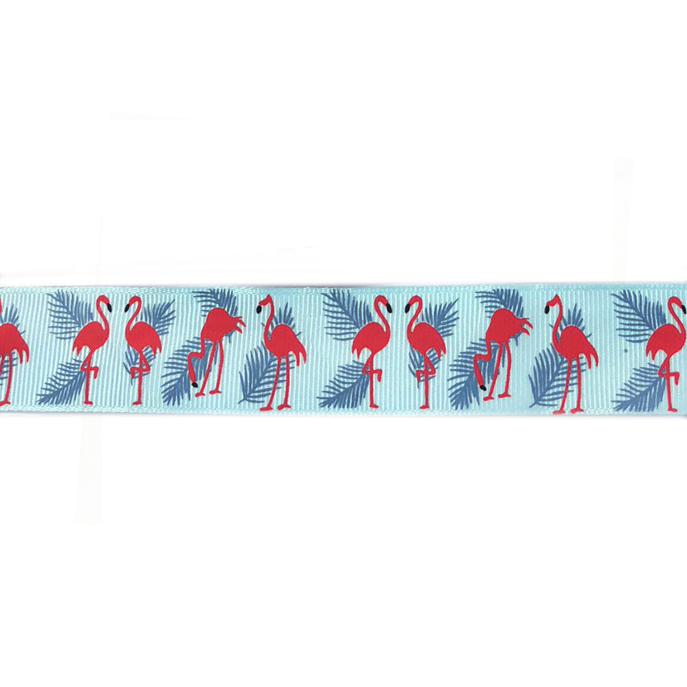 Тесьма Фламинго 2,5см, сине-голубая и красный лого, ярд. Тесьма