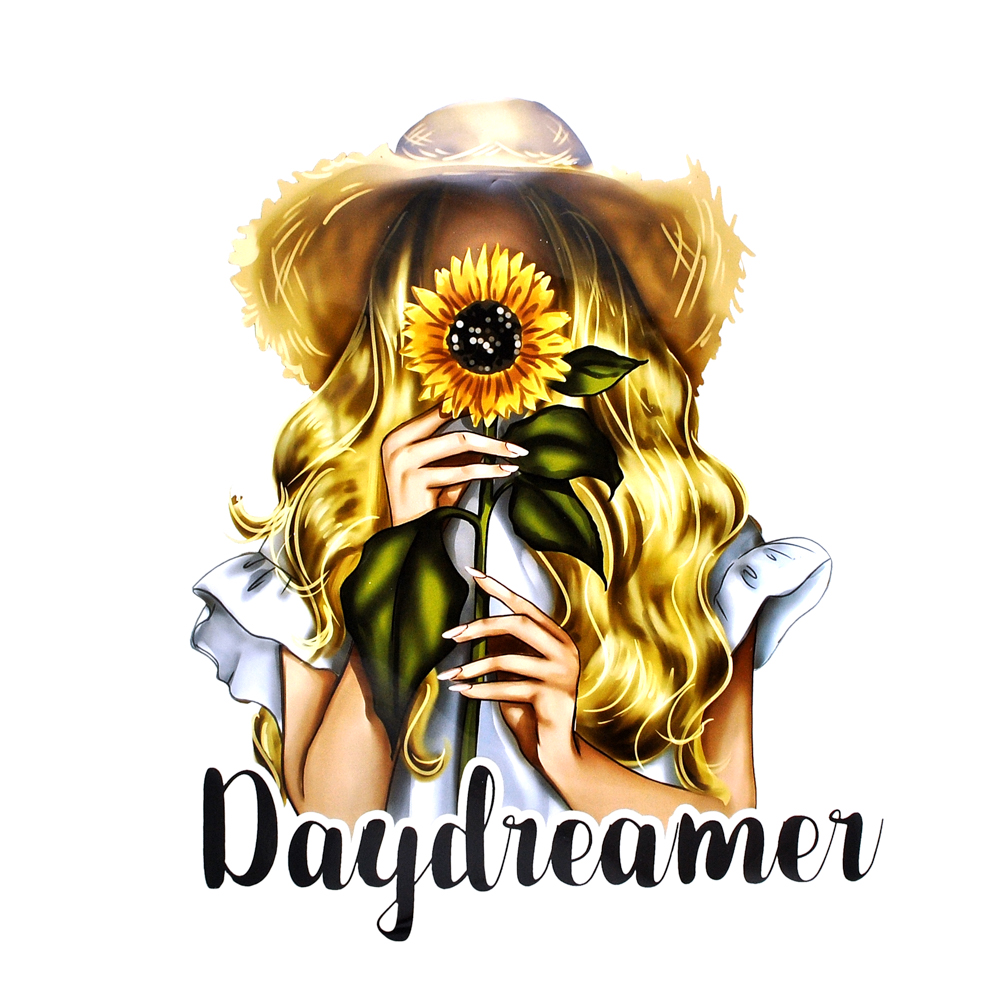 Термоаппликация Девушка с подсолнухом, 25*30см, белый, черный, зеленый, желтый, бежевый,  шт. Термопереводки Надписи