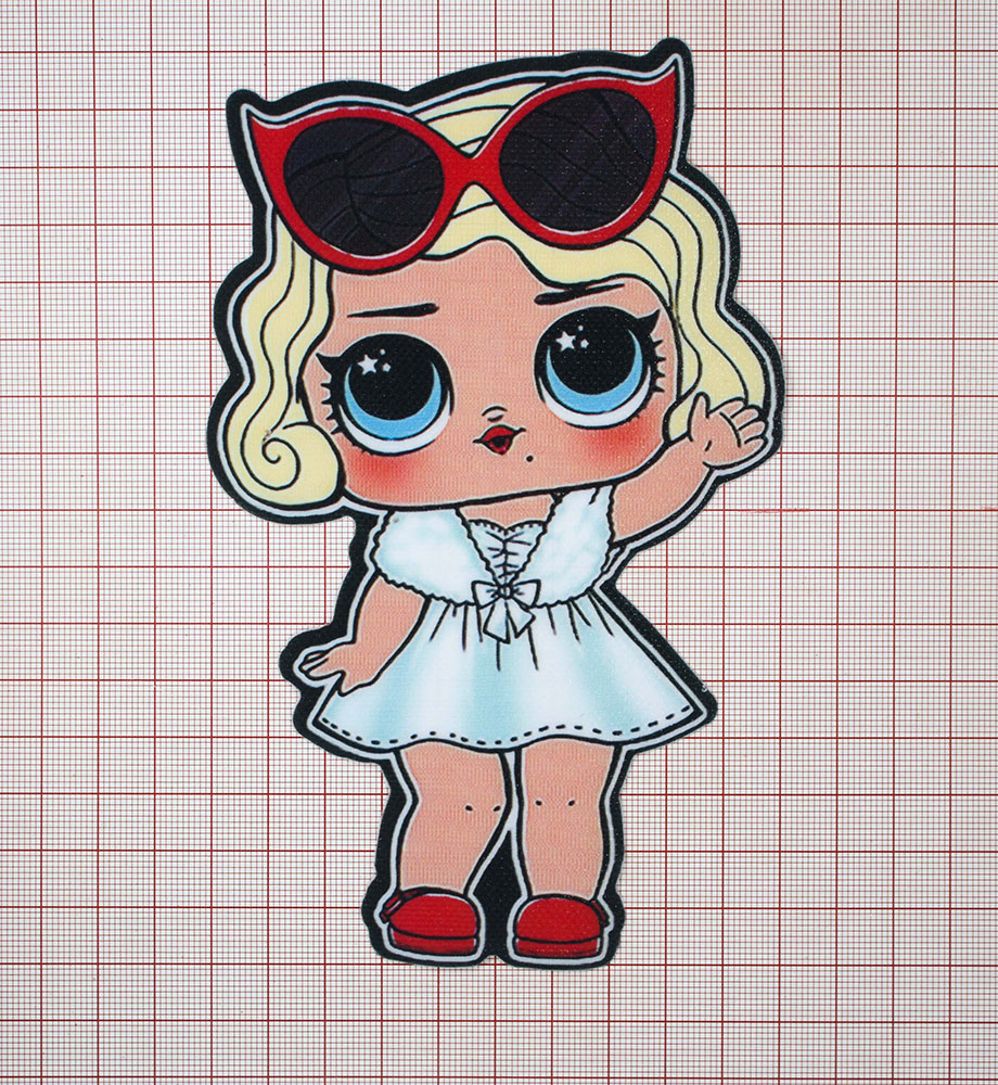 Нашивка глиттер Кукла L.O.L. (кокетка в очках) 14.5*10см голубое платье, шт. Нашивка Глиттер