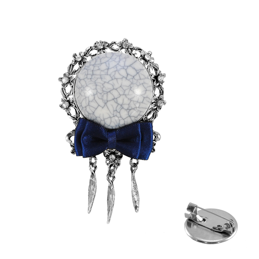 Брошь № 63 Мрамор 40*70мм белый камень, темно-синий бант, шт. Броши