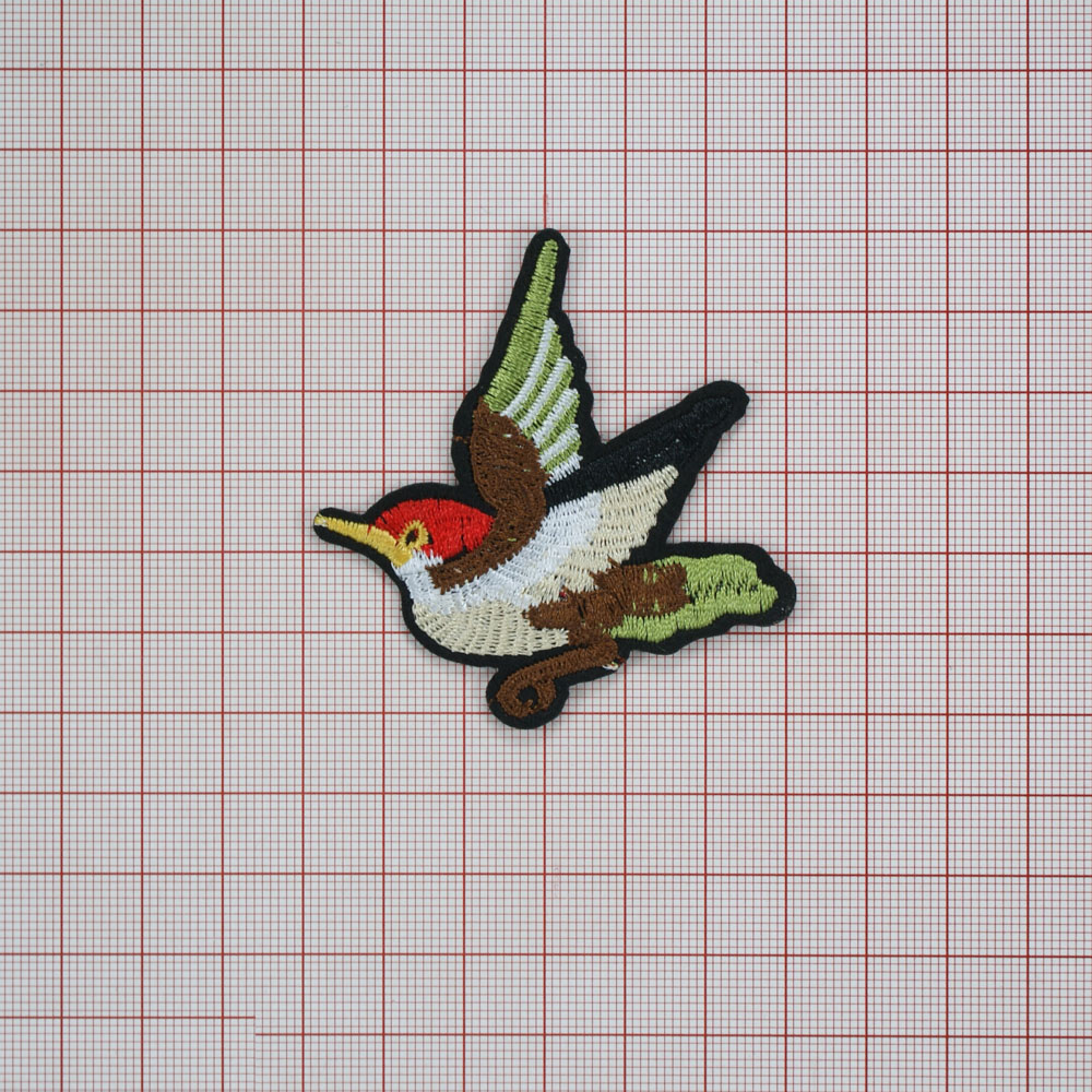 Аппликация клеевая вышитая Птичка красноголовая 6*6,5см красный, желтый, светло-зеленый, черный, коричневый, белый, бежевый, шт. Аппликации клеевые Вышивка