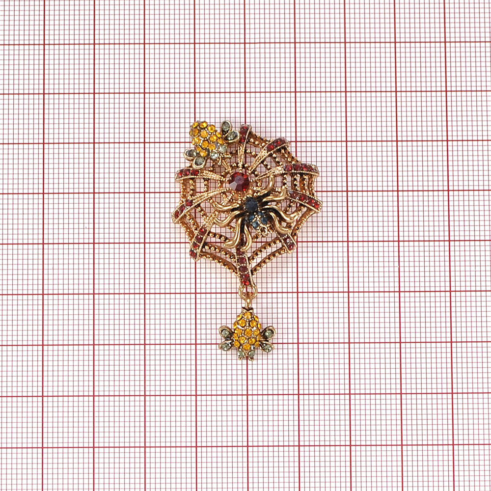 Брошь Паутина Паук Antic, old silver, желтые, красные, синие камни, шт . Броши