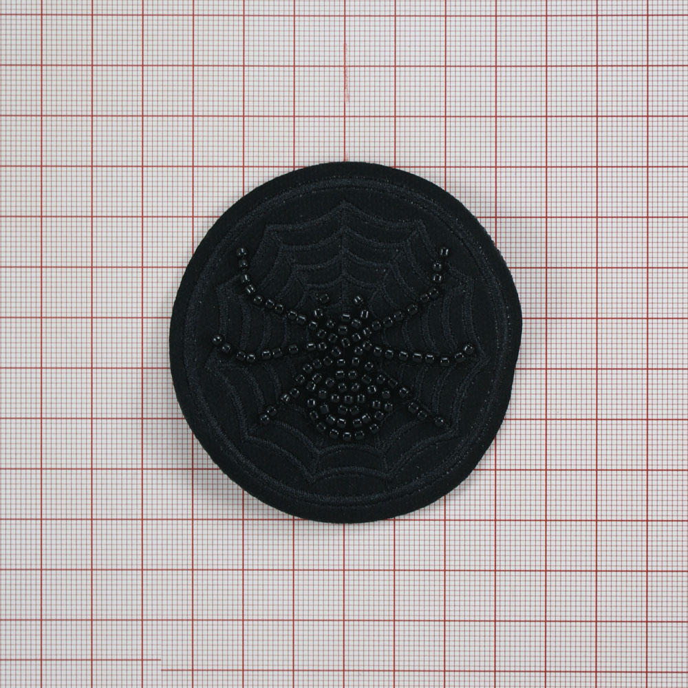 Нашивка тканевая бисер пришивная Паук паутина 7,1см черная вышивка, черный бисер, шт. Нашивка Стразы, Бисер