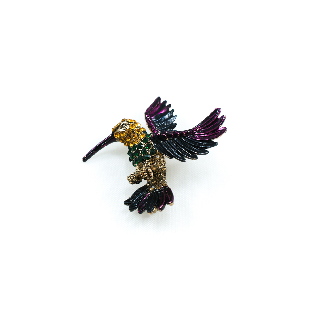 Брошь Колибри old silver, зеленые и желтые камни, лиловая и зеленая эмаль. Броши