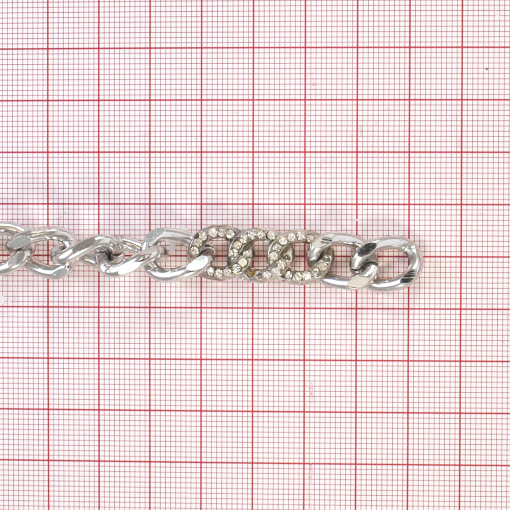 Тесьма стразы Круглая цепь, 1,1см, никель, белый, ярд. Тесьма из страз