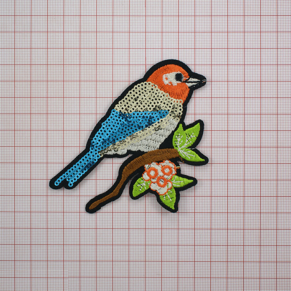Аппликация клеевая пайетки Воробей 7*11см коричневый, оранжевый, светло-зеленый, бежевый,черные нити, голубые, золотистые пайетки. Аппликации клеевые Пайетки