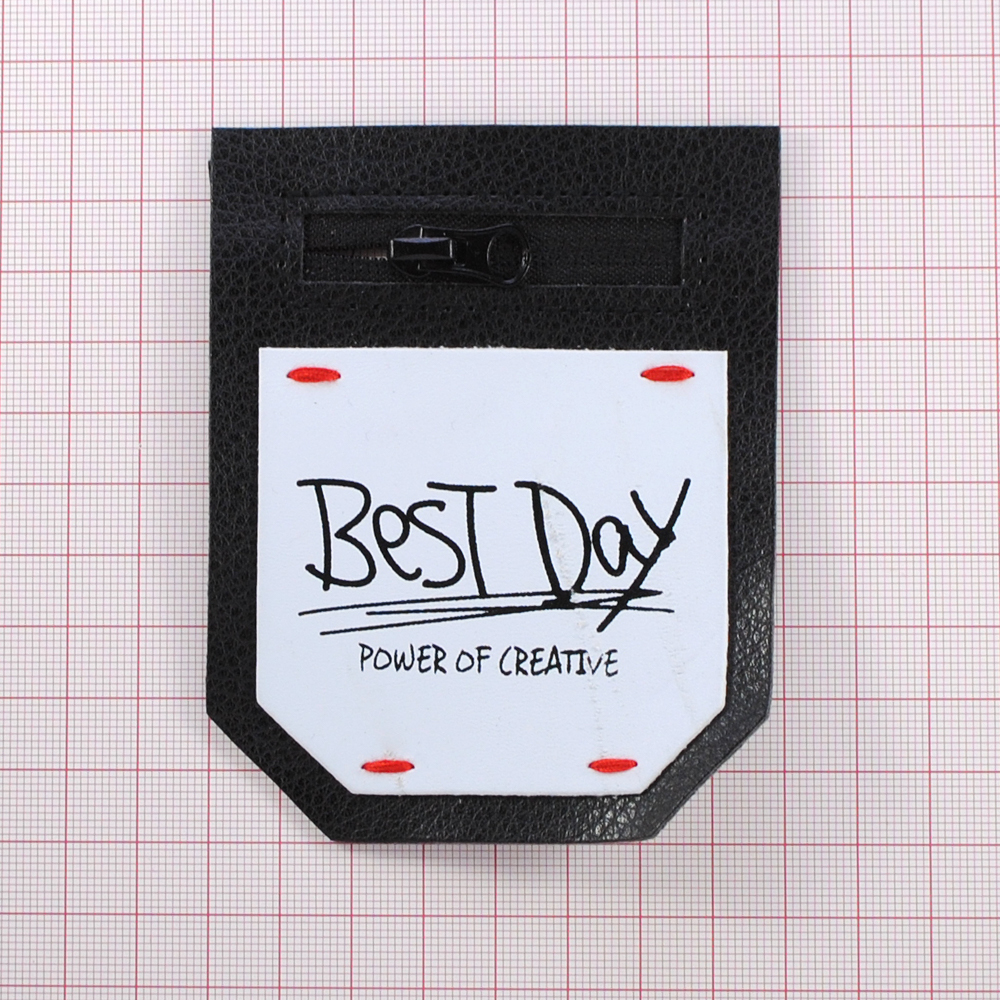 Аппл. к/з приш. карман и змейка BEST DAY 8*10см черн., бел., шт. Нашивка Кожзам
